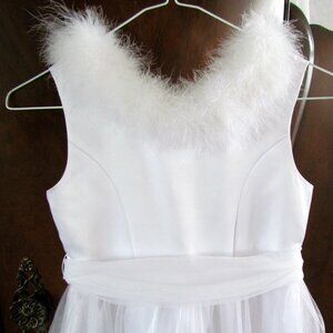 GIRL'S WHITE FANCY DRESS, 8, JONA MICHELLE, MARABOU NECKLINE, LAYERS of TULLE